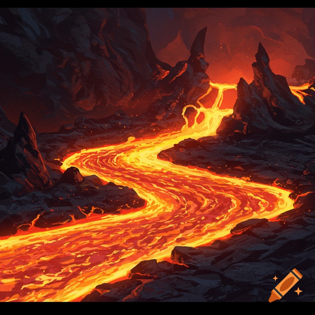 River of glowing lava flowing through dark, jagged rocks