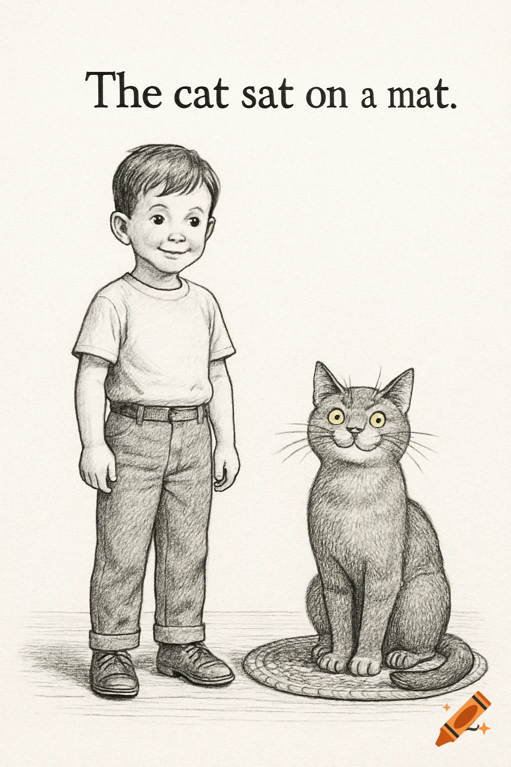 Pencil drawing of a boy and a cat with text above reading "The cat sat on a mat." Styled like a children's book illustration.