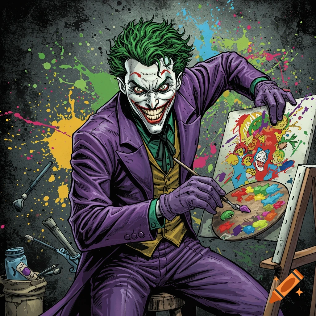 Comic book style illustration of the Joker in a purple suit painting on a canvas with paint splatters around him.