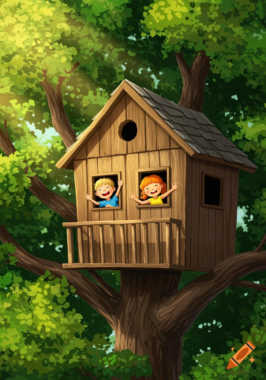Illustration of two children waving from a wooden treehouse in a leafy tree.