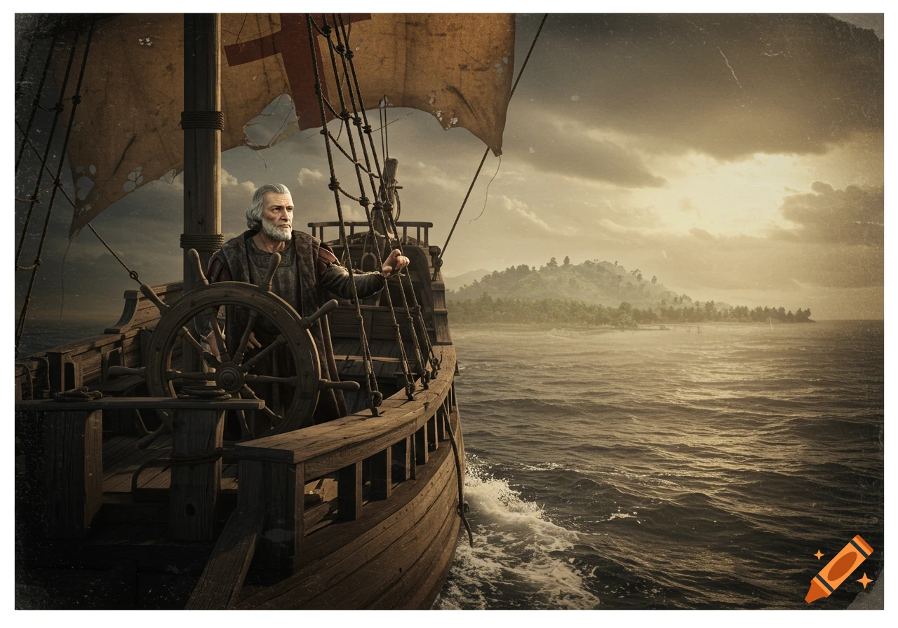 An old man steers a wooden sailing ship near a tropical island under a cloudy sky.