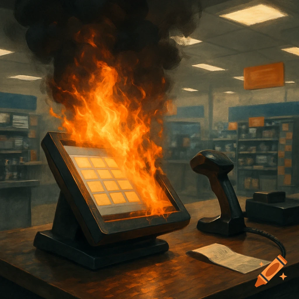 A point of sale system is engulfed in flames on a counter in a store.