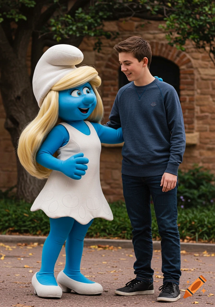 A person in a Smurfette costume stands with a young boy outdoors, appearing like a photograph.