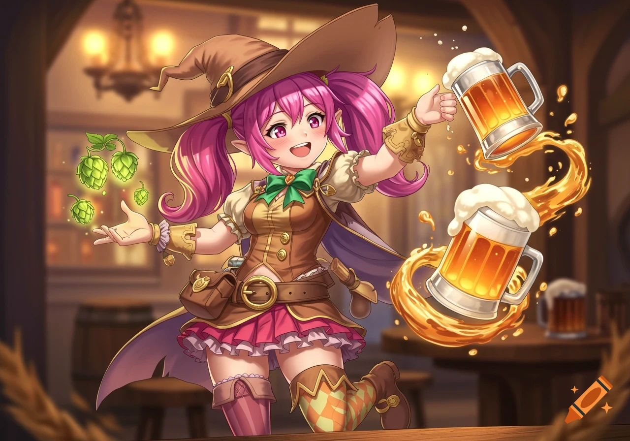 Anime mage character conjuring beer and hops in a pub.