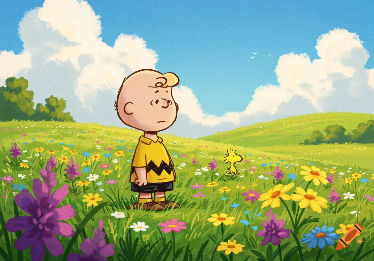 Charlie Brown and Woodstock stand in a colorful, cartoon meadow filled with flowers.