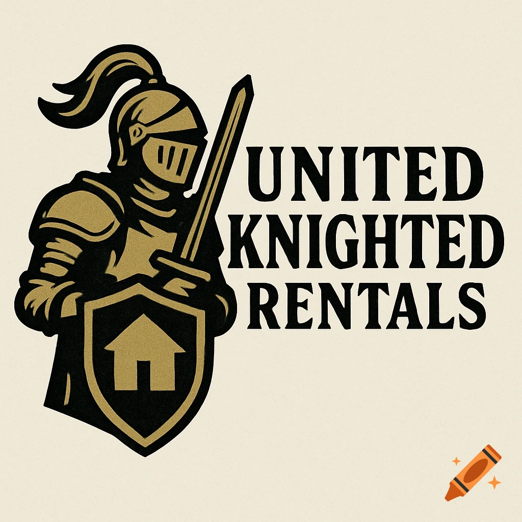 Logo of a knight with a shield showing a house icon next to the words UNITED KNIGHTED RENTALS