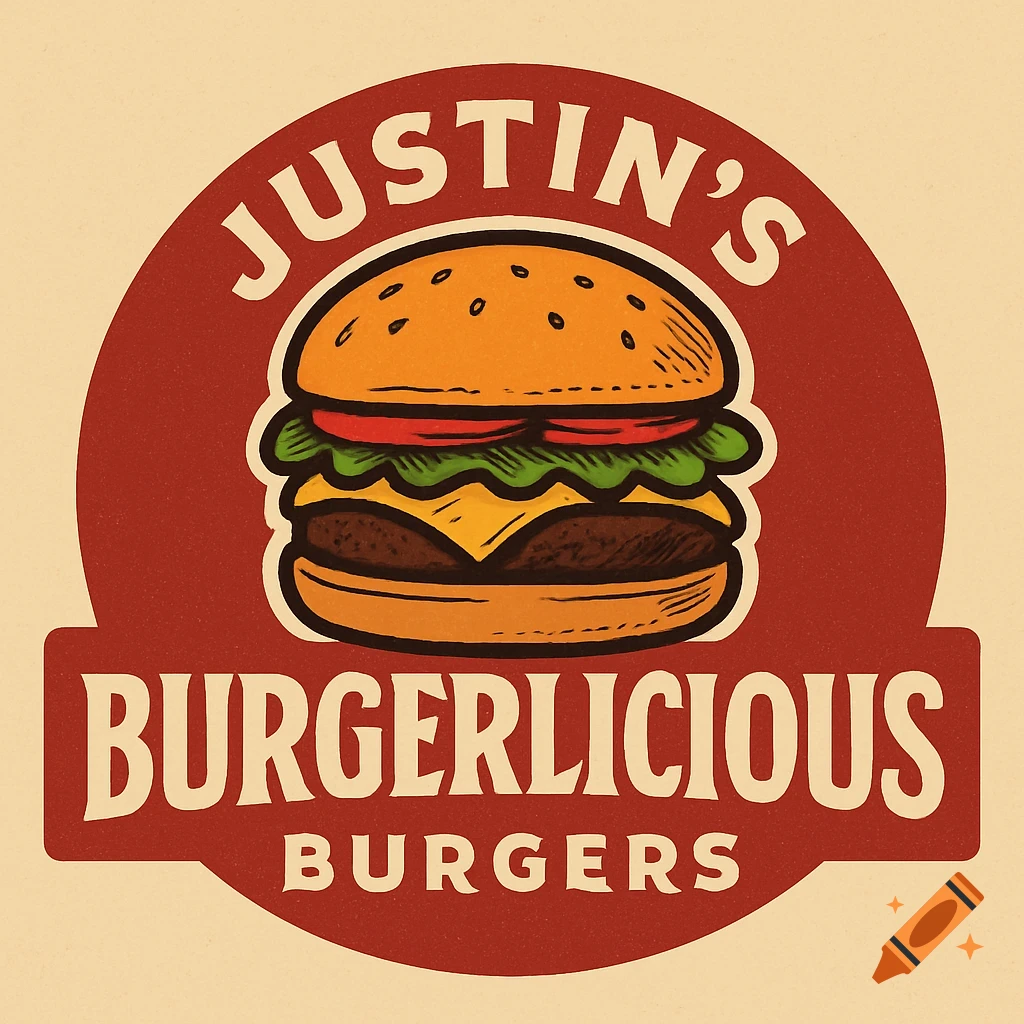 Vintage logo for Justin's Burgerlicious Burgers, featuring a large burger graphic