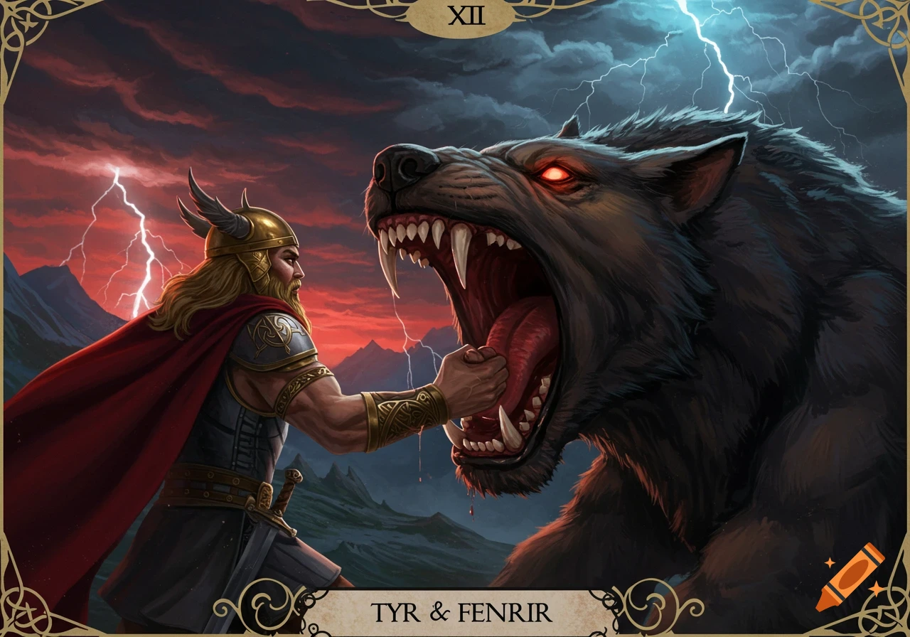 A man in armor grapples with a giant wolf under stormy skies, styled like a Tarot card with text 'XII' and 'TYR & FENRIR'.