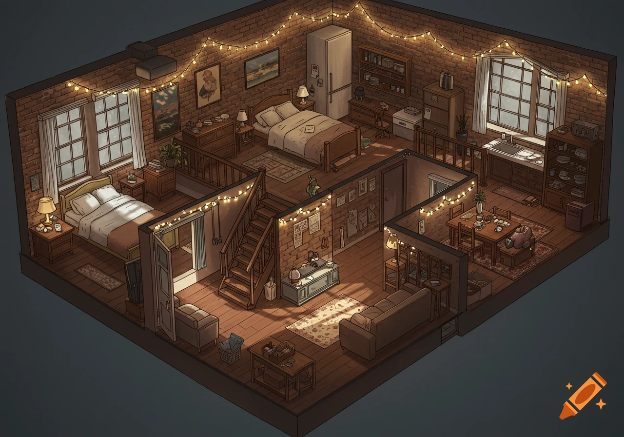 Isometric view of a cozy apartment with brick walls, two bedrooms, a kitchen, living area, and staircase, decorated with fairylights and warm lighting.
