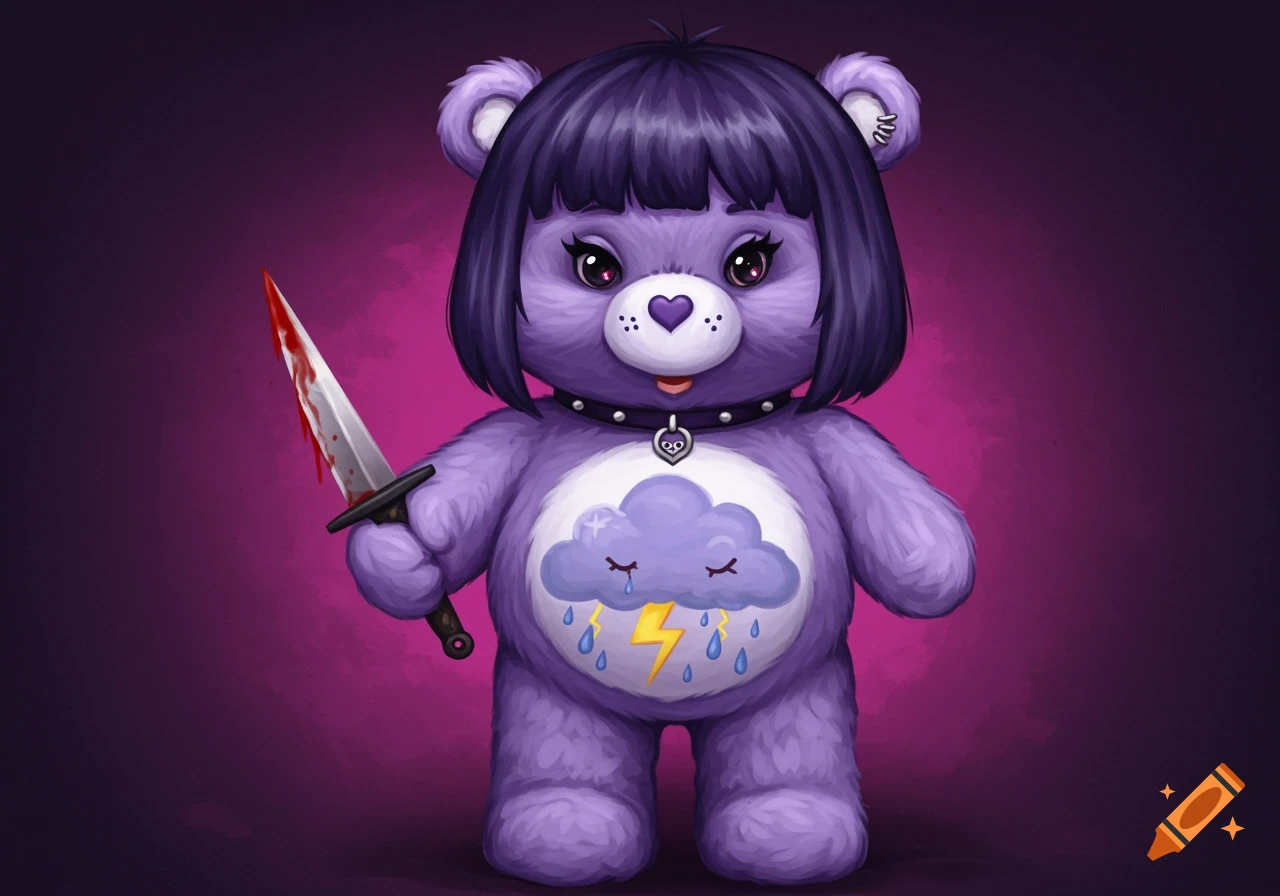 Purple gothic teddy bear with dark hair and a spiked collar holding a bloody dagger.
