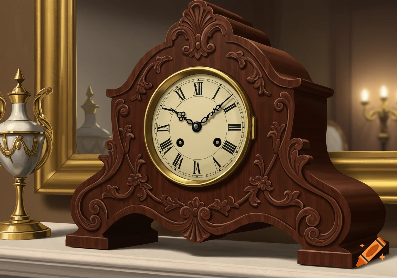 A detailed close-up of an ornate brown wooden mantle clock with Roman numerals on a white surface, with an urn and mirror behind.