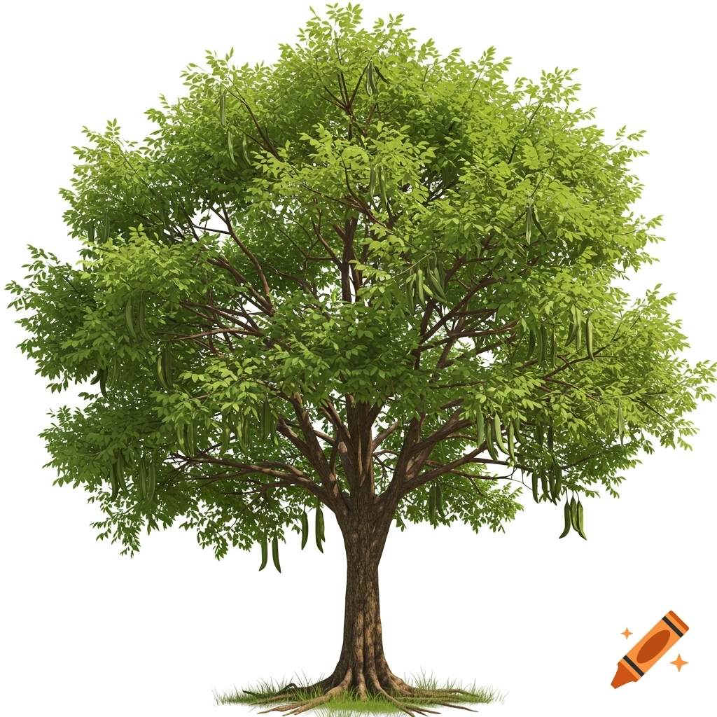 A realistic rendering of a tree with green leaves and long pods on a white background.