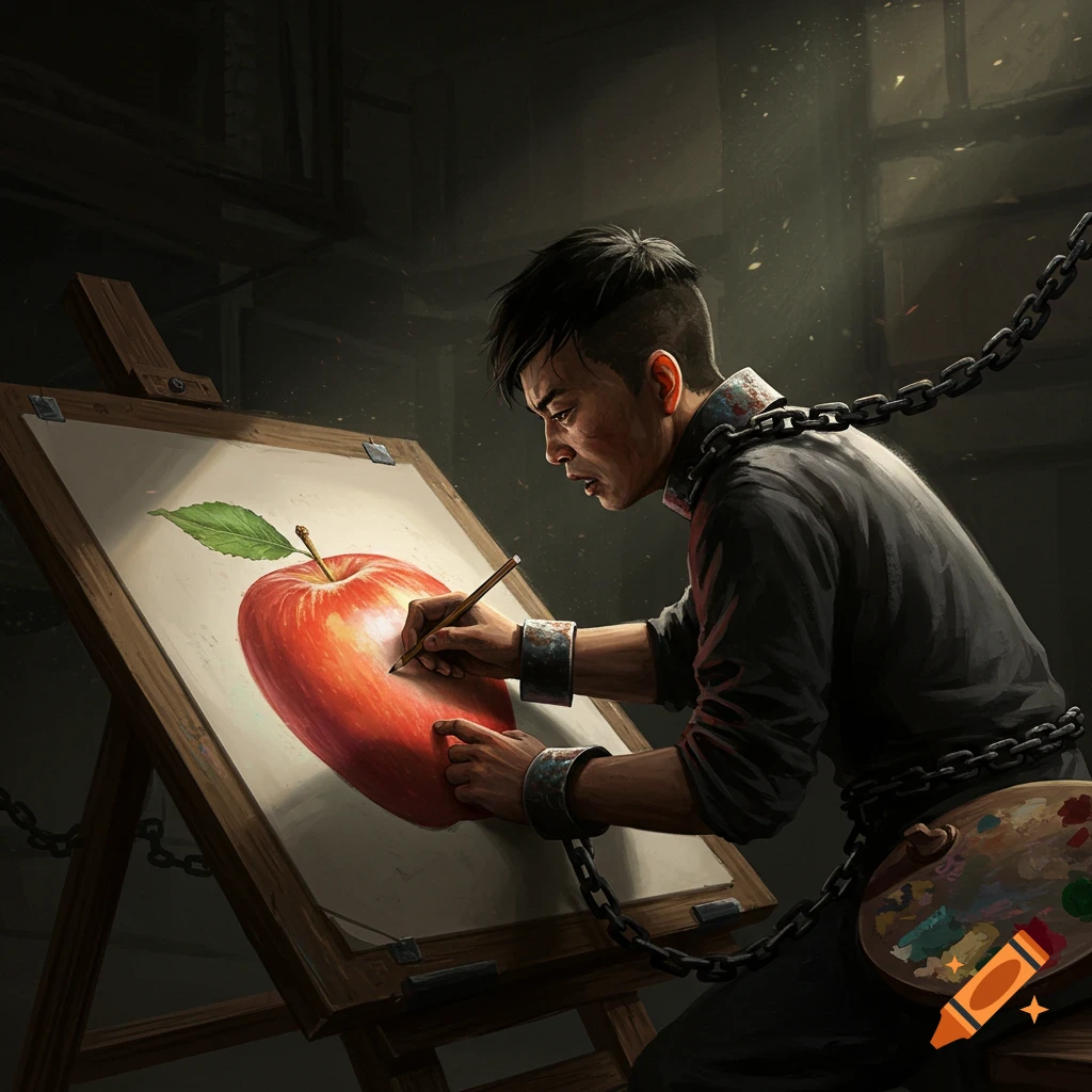 A chained artist draws a realistic apple on an easel in a dark room.