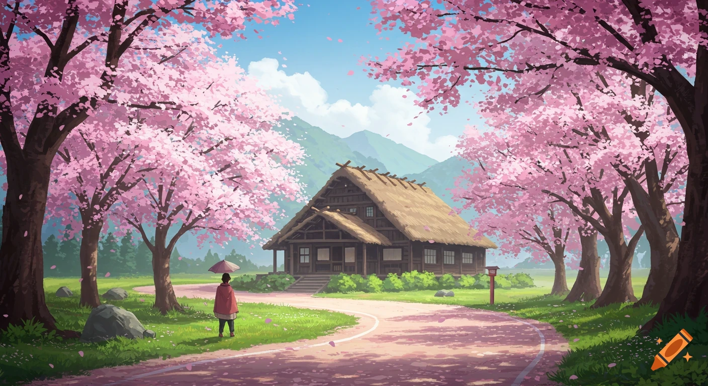 Person with umbrella on a road lined with pink cherry blossom trees leading to a traditional Japanese house, anime style.