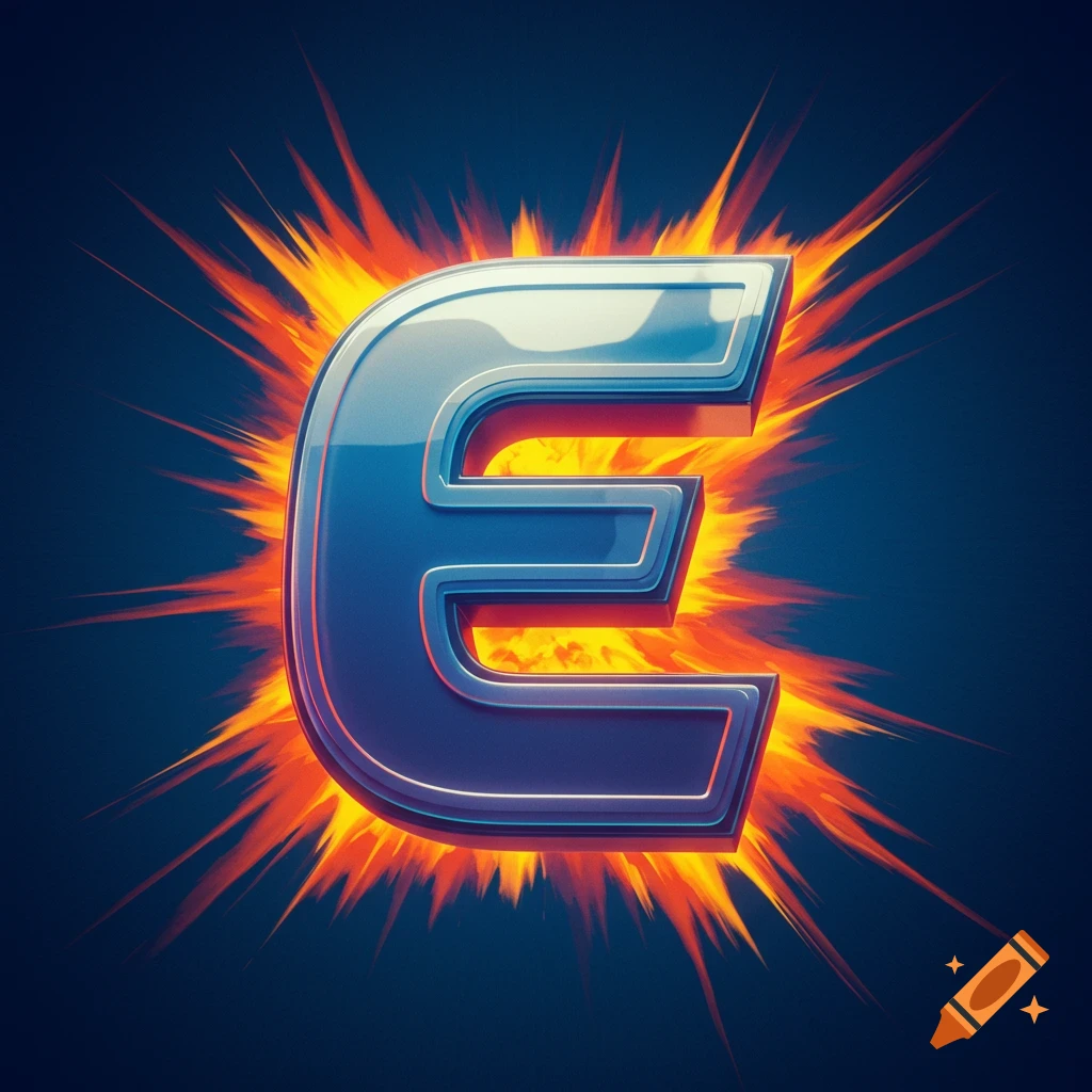 A metallic blue letter E surrounded by a fiery explosion on a dark blue background.