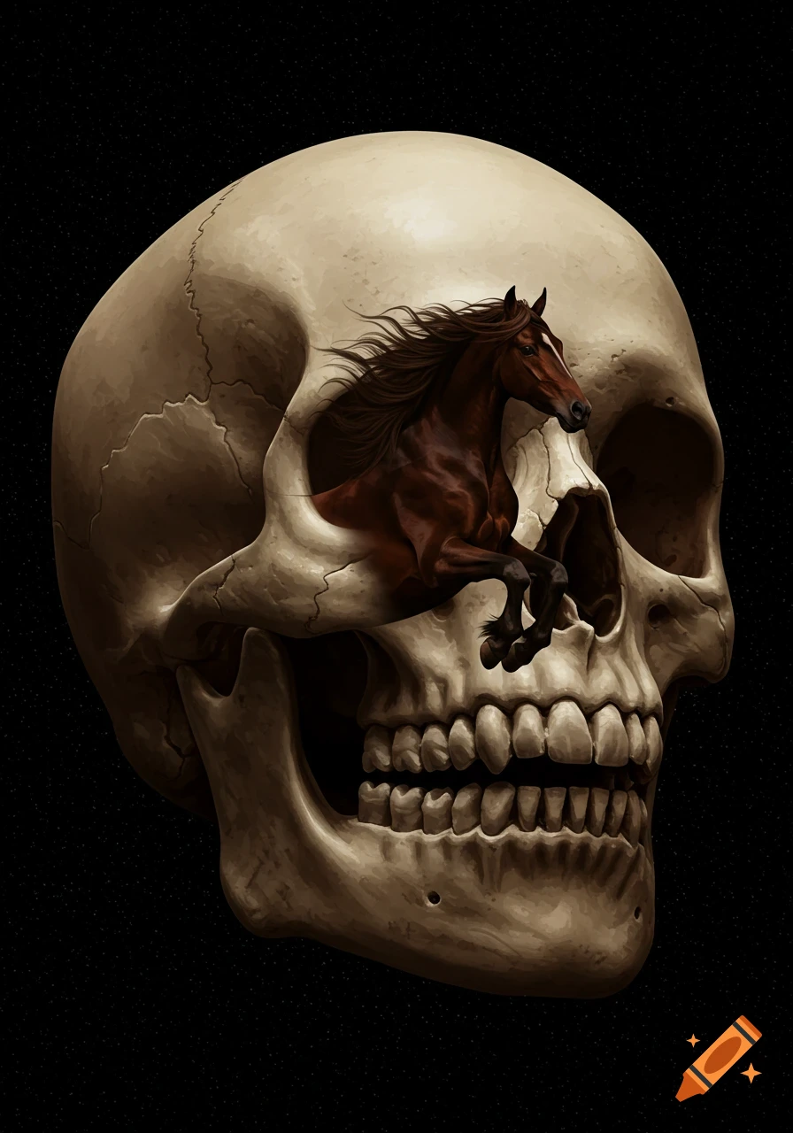 Realistic painting of a horse jumping out of a human skull's eye socket.