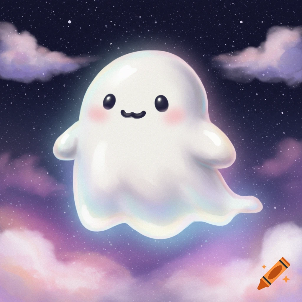 A cute, glowing ghost with pink cheeks floats in a starry sky with pink and purple clouds.