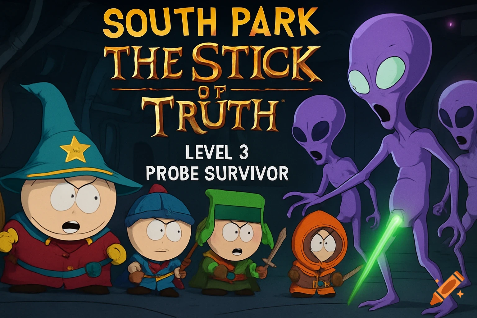 South Park characters and aliens with title 'South Park The Stick of Truth Level 3 Probe Survivor'
