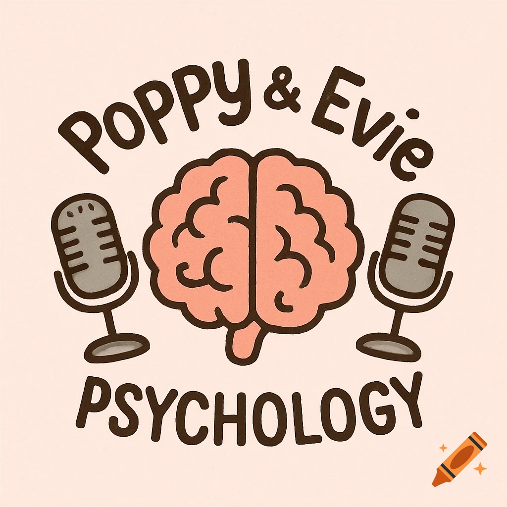 Cartoon logo with a brain and two microphones, featuring the text 'Poppy & Evie' and 'PSYCHOLOGY'.