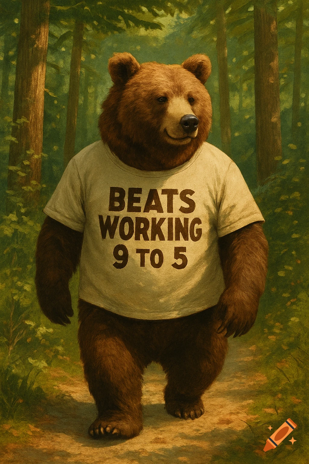 A brown bear in a t-shirt with "BEATS WORKING 9 TO 5" walks on a forest path. Painterly style.