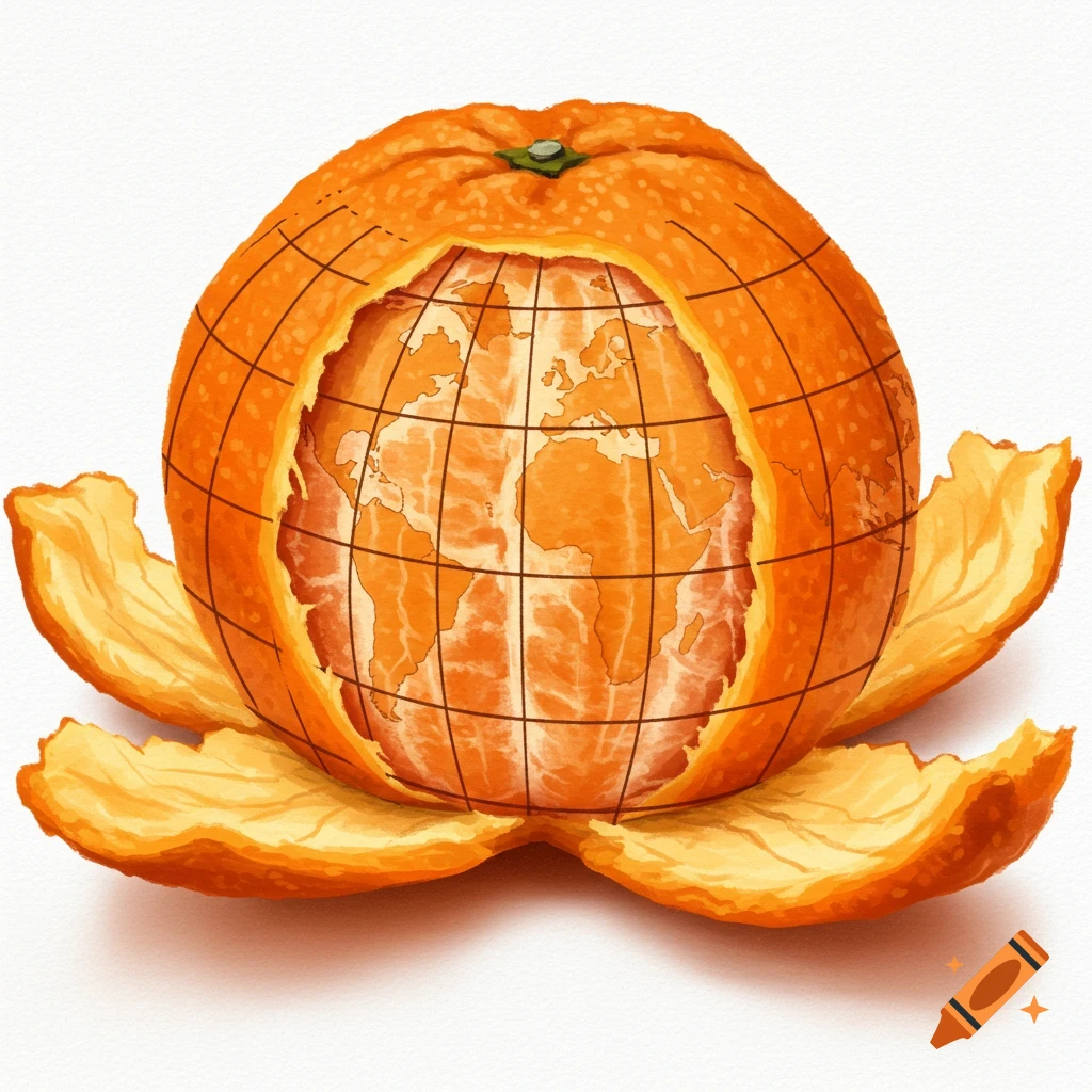 Peeled orange revealing a globe inside, on a white background.
