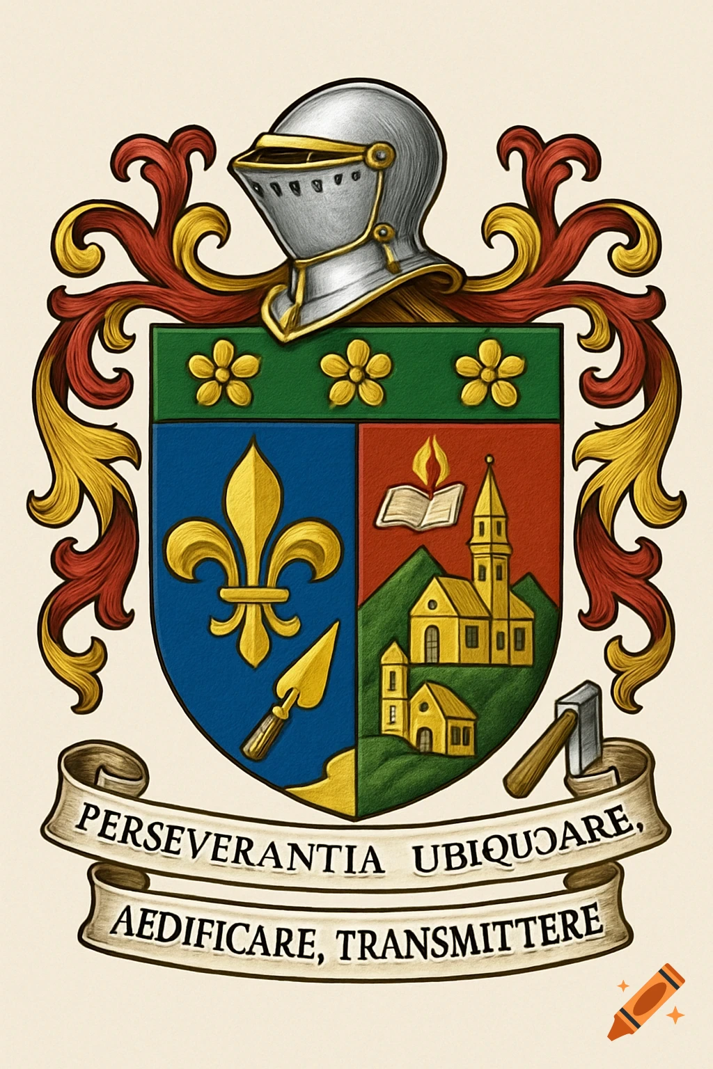 A heraldic coat of arms with a shield, helmet, and banner.