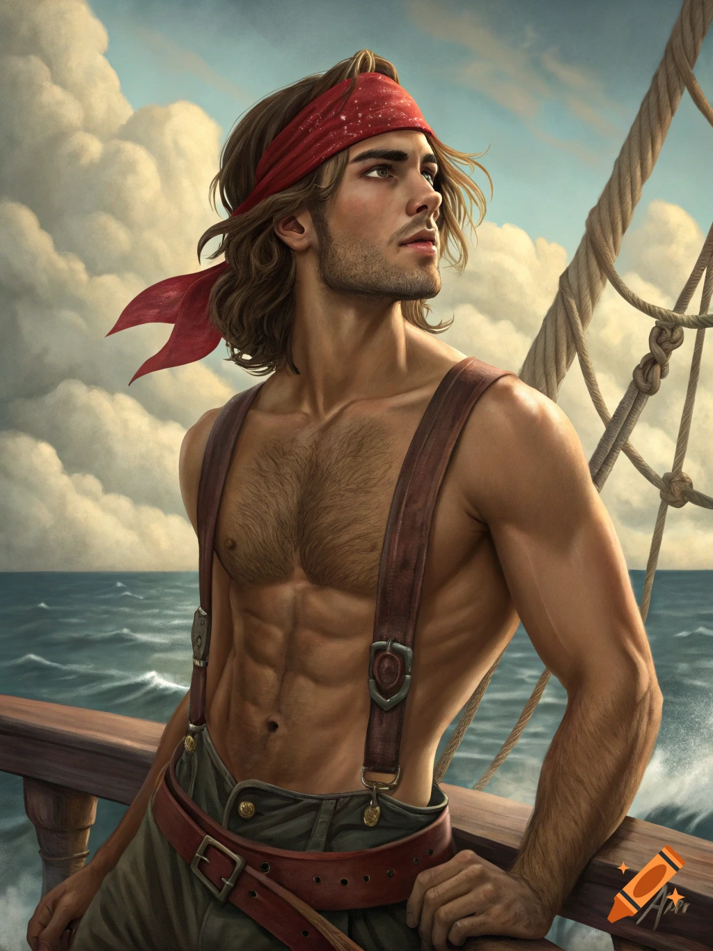 Muscular male pirate with red bandana on a ship looking out to sea, fantasy art style