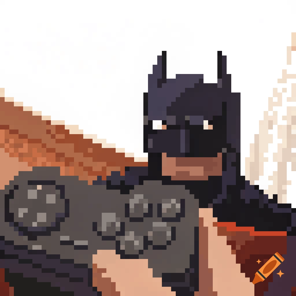 Pixel art close-up of Batman holding a video game controller.
