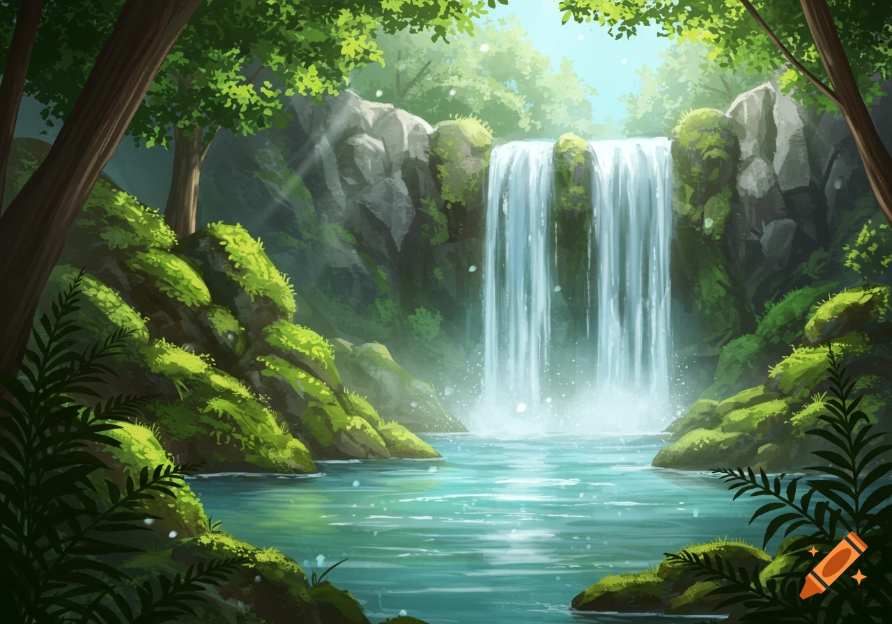 Illustration of a waterfall in a lush forest