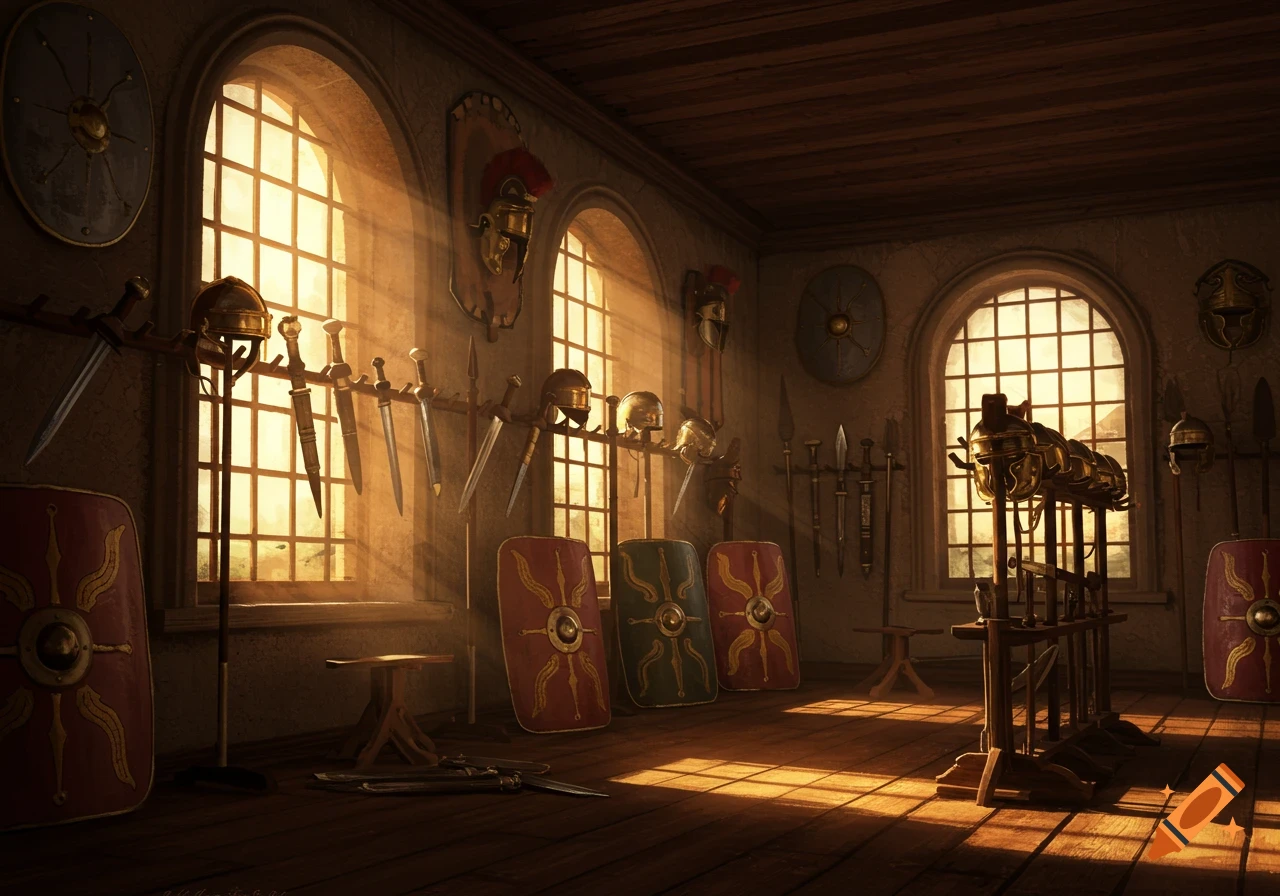 Ancient Roman armory interior with weapons, shields, and helmets lit by sunlight from arched windows.
