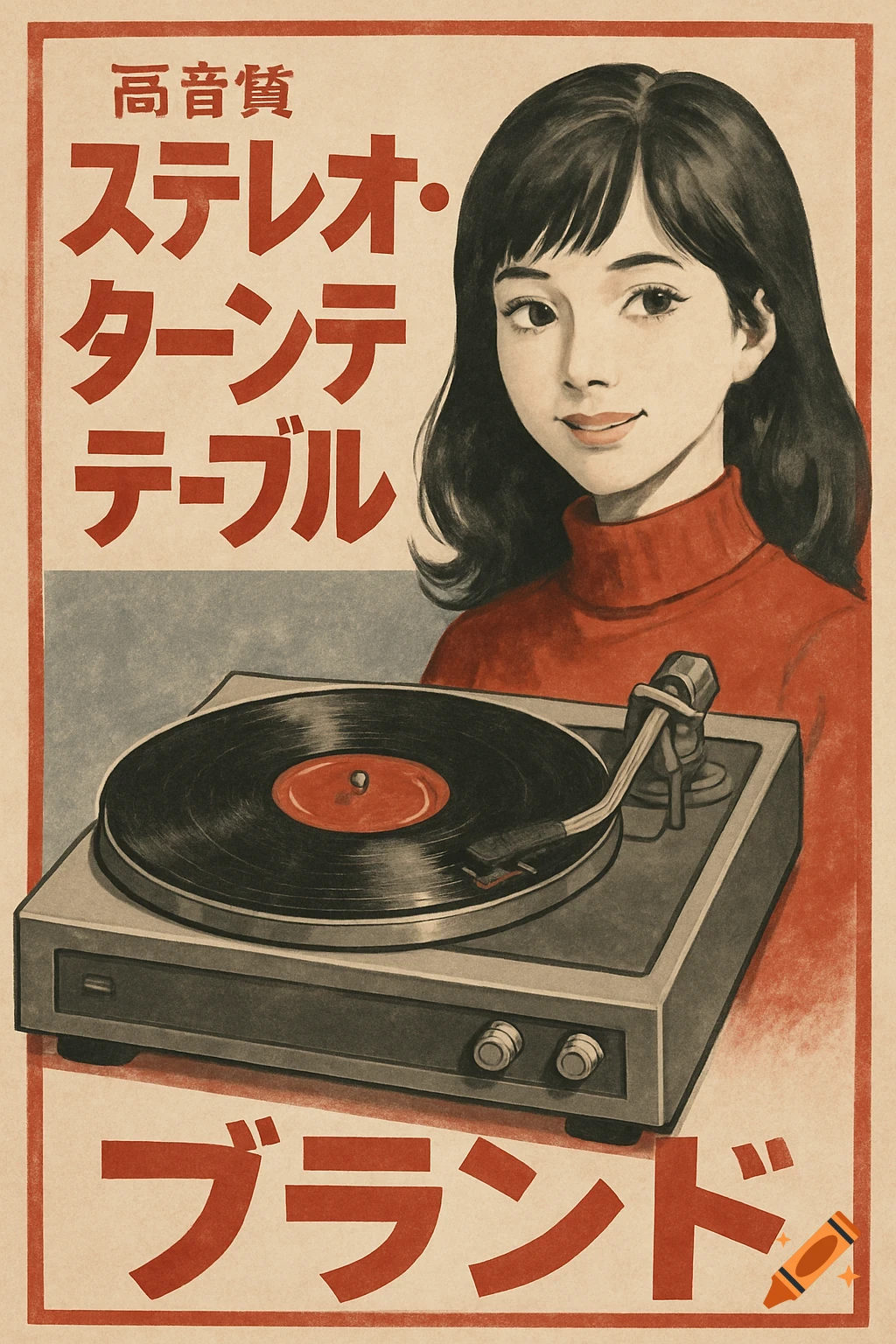 Vintage Japanese advertisement illustration for a stereo turntable featuring a young woman.