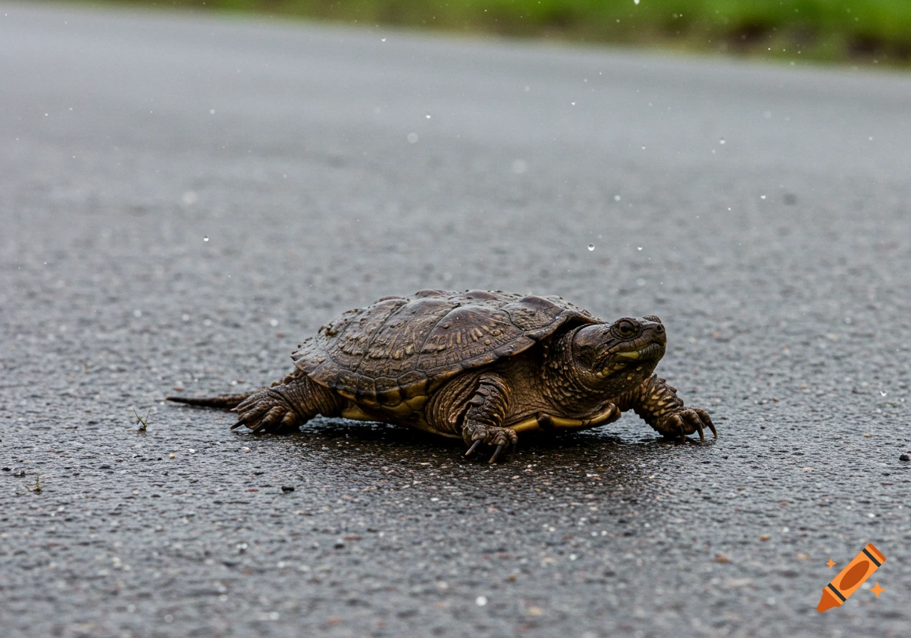 A snapping turtle crosses a wet asphalt road under overcast skies with raindrops.