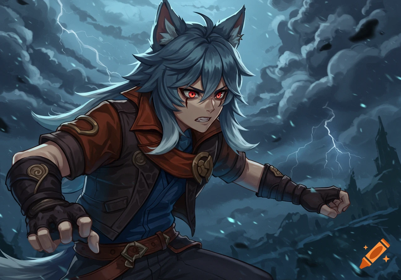 Anime illustration of Razor from Genshin Impact with wolf ears and red eyes during a lightning storm.