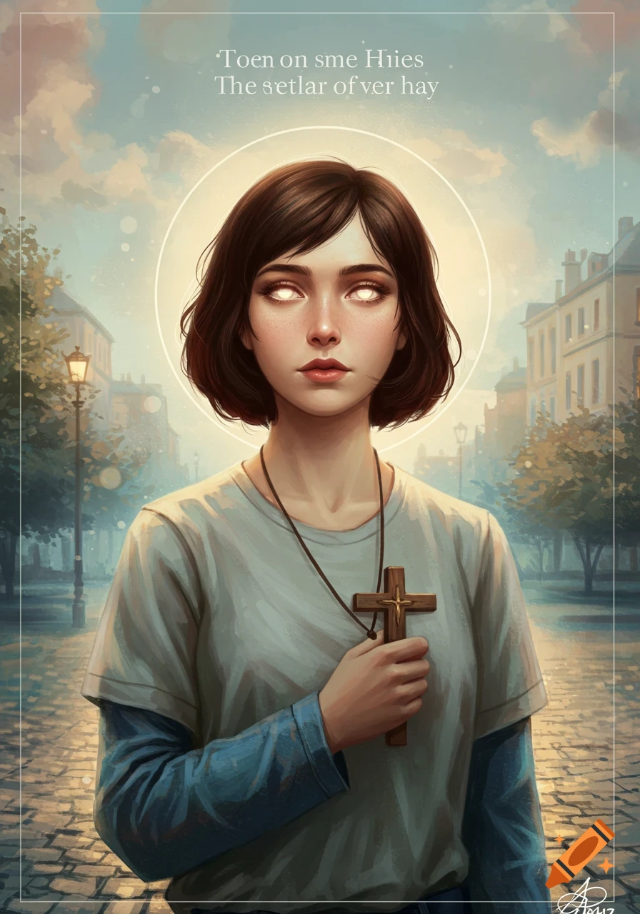 Digital painting of a woman with glowing eyes and a halo holding a wooden cross in a street scene.