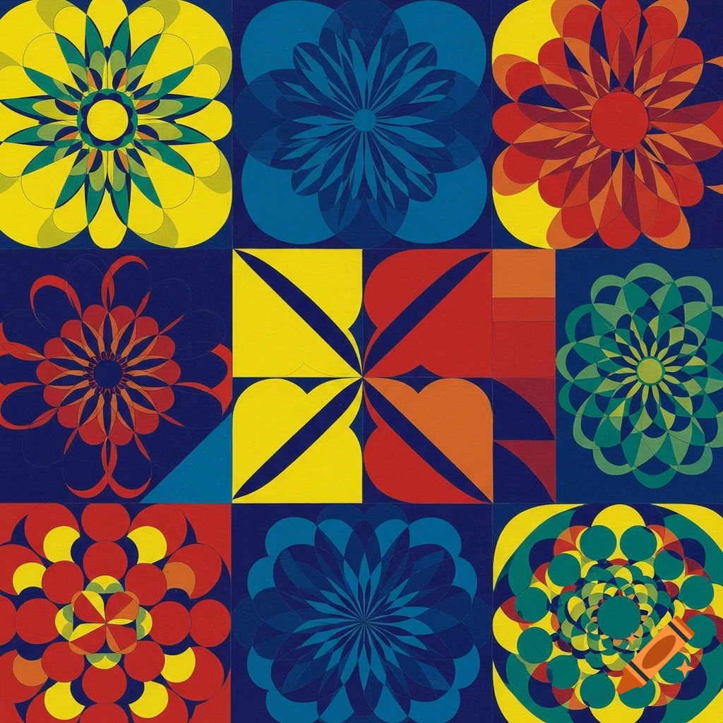 A grid of nine squares featuring abstract geometric flower patterns in red, yellow, blue, and green on a dark blue background.
