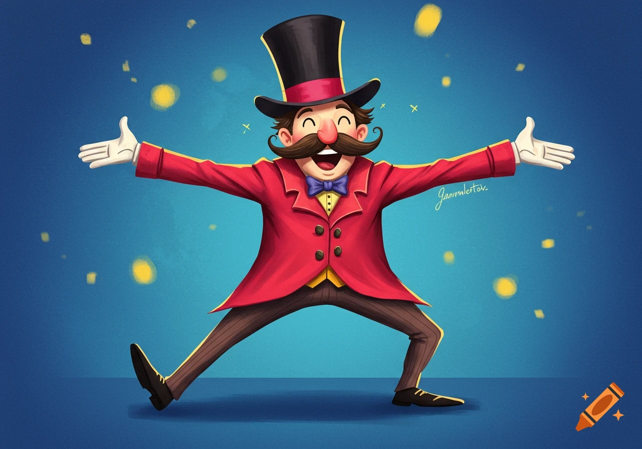 Cartoon man in red ringmaster coat and top hat with arms wide open