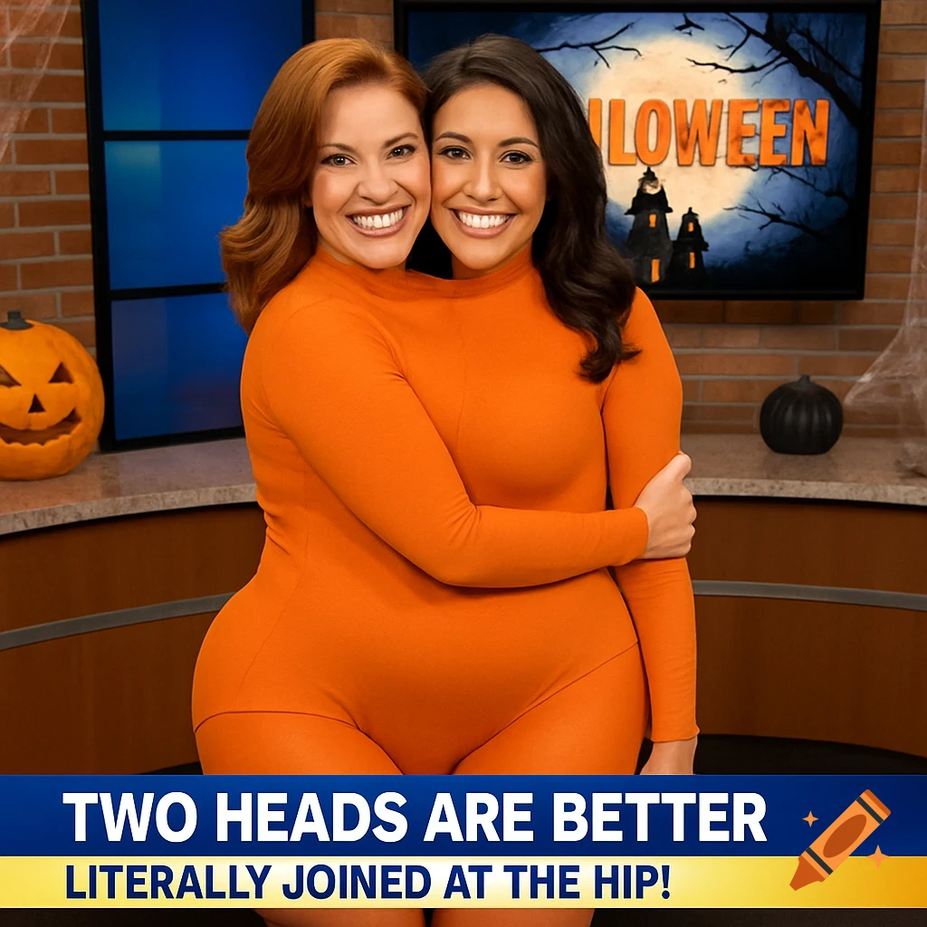 Two women in one orange suit creating two-headed illusion on Halloween news set.