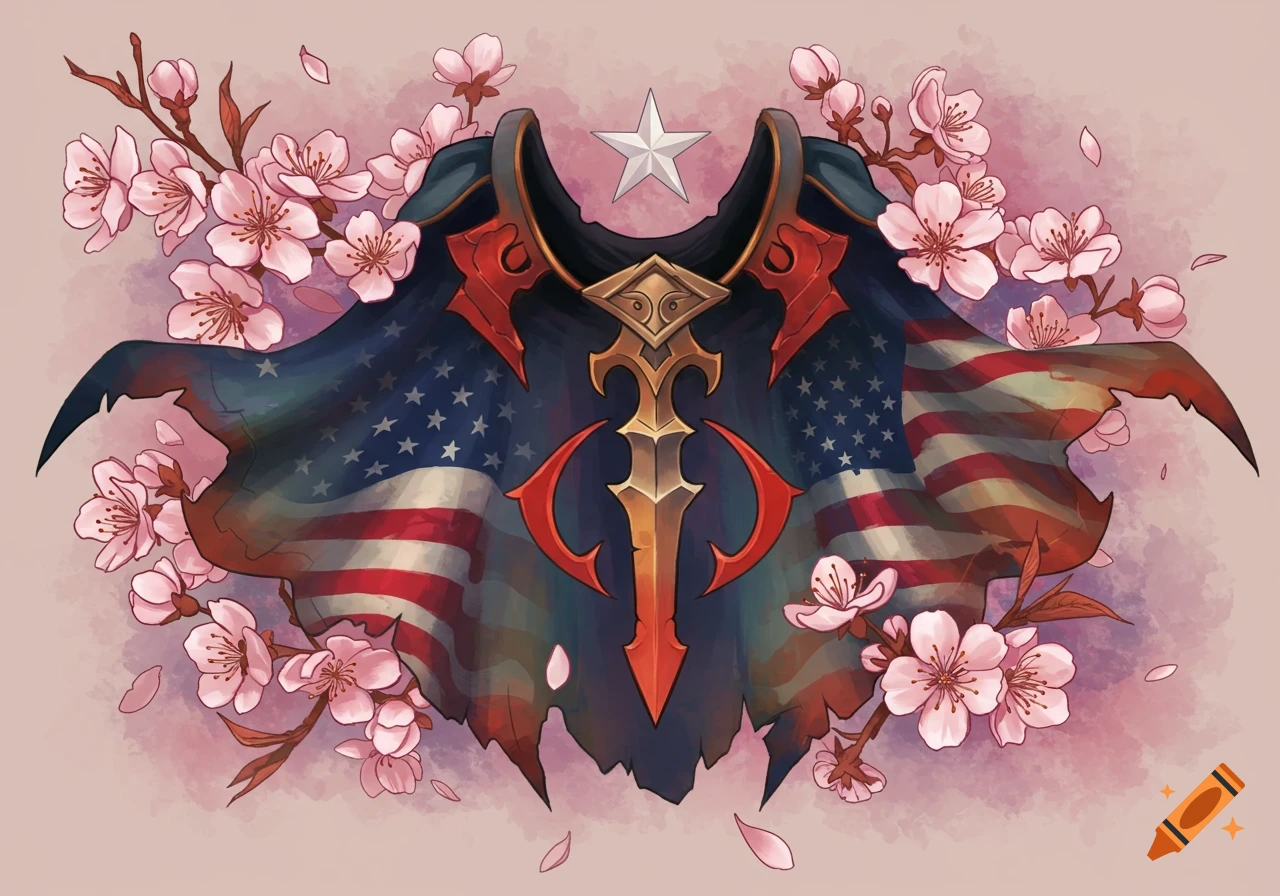 A tattered fantasy cape with a US flag pattern, a central gold and red emblem, surrounded by pink cherry blossoms in a tattoo art style.