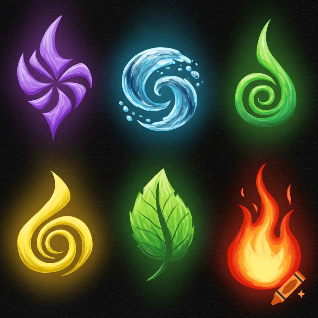 Six glowing elemental symbols: purple swirl, blue water, green vine, yellow flame, green leaf, red fire on black.