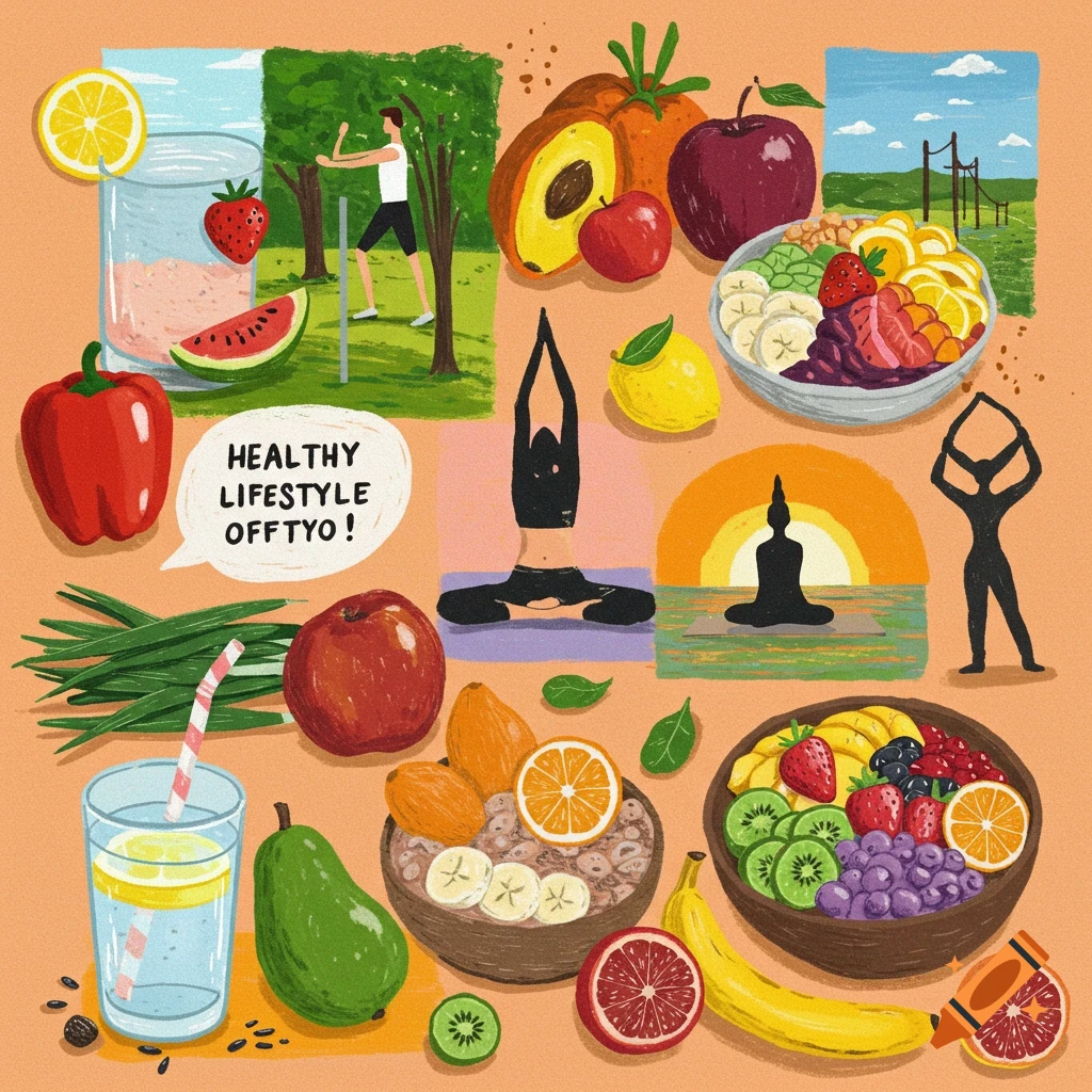 An illustration collage showing healthy lifestyle elements like fruit, a smoothie, yoga, running, and a speech bubble.