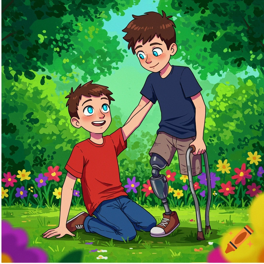 Graphic art illustration of two cartoon boys in a garden, one with a prosthetic leg and crutches, reaching towards each other.