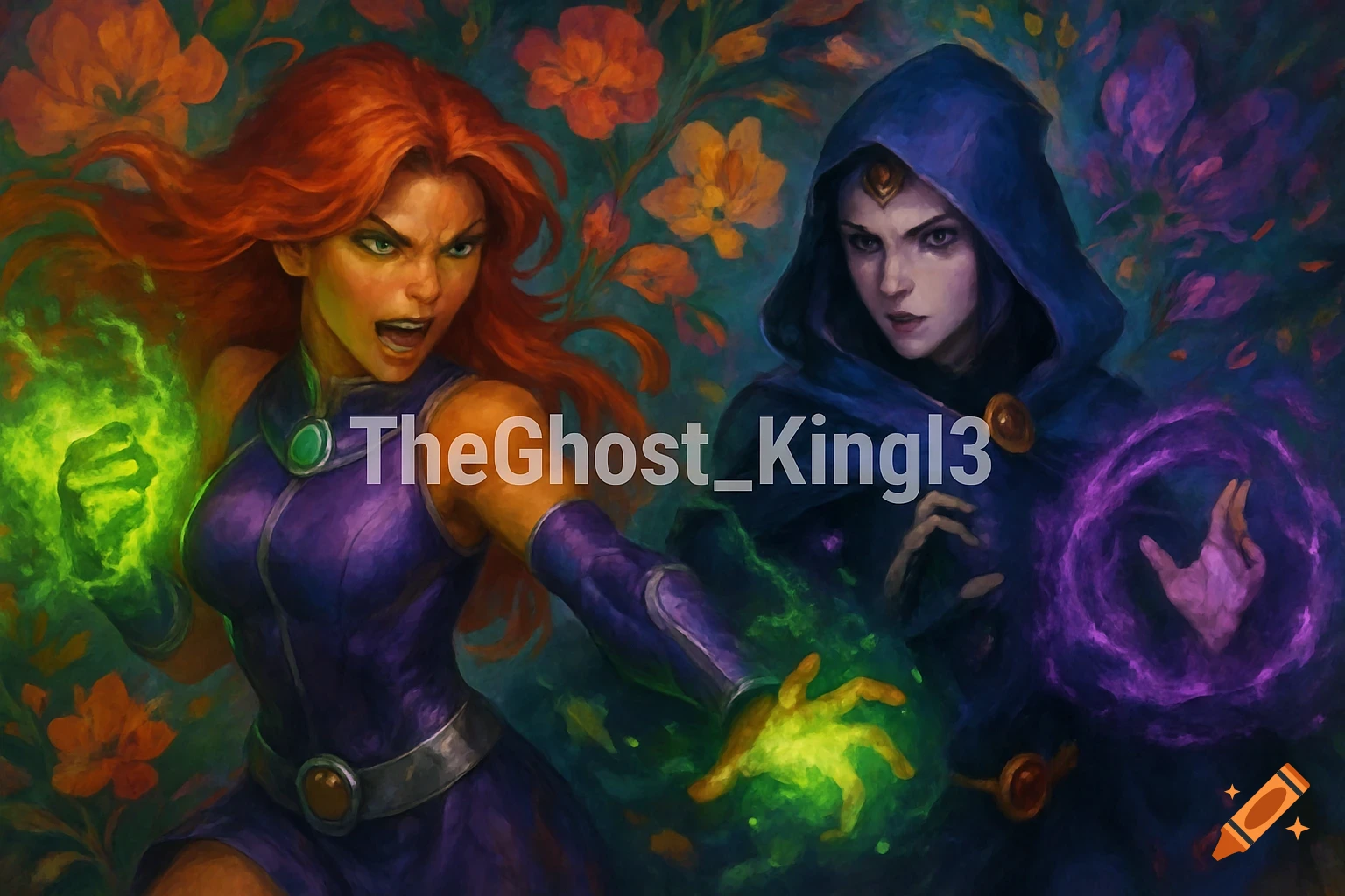 Starfire and Raven use their powers in a painted art style, surrounded by flowers.