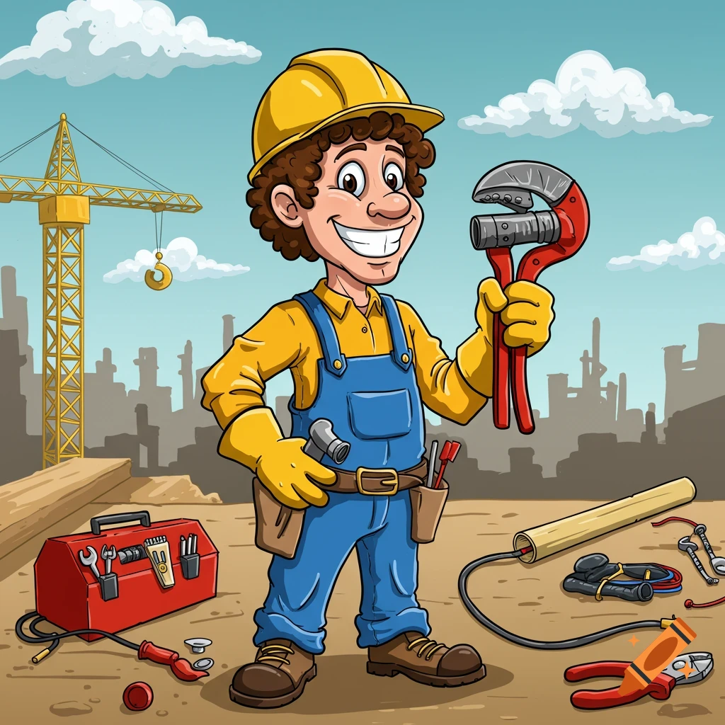 Cartoon construction worker holding a large wrench at a construction site.