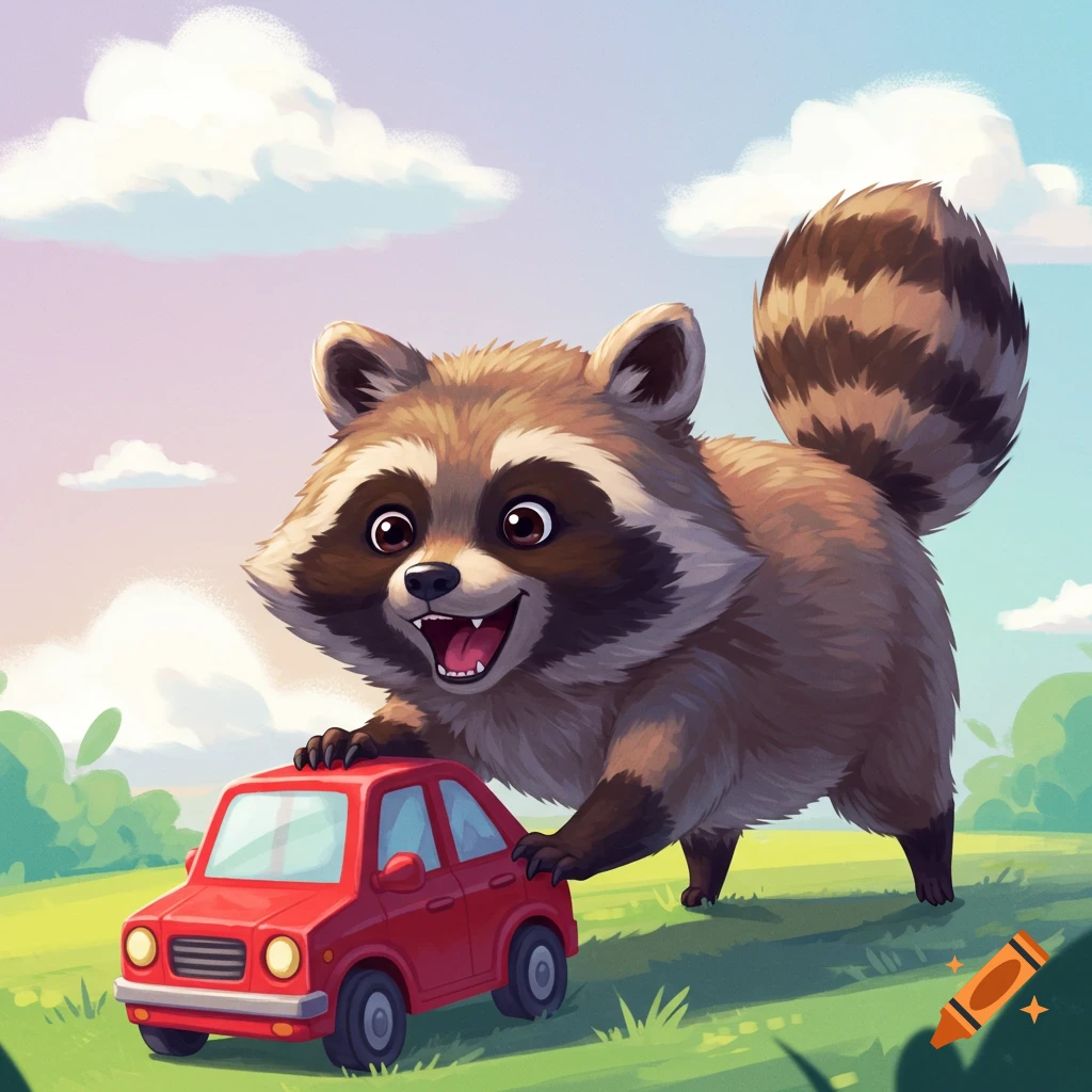 Illustration of a happy cartoon raccoon playing with a small red toy car on grass.