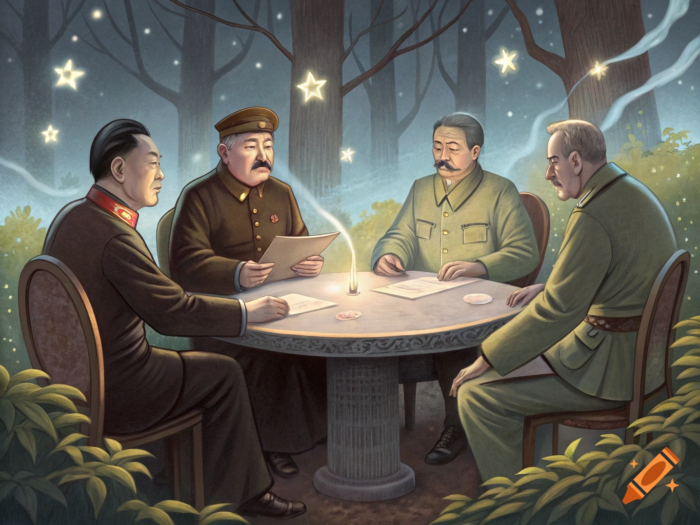 Four men resembling historical leaders in ornate uniforms sit at a round table under glowing stars in a forest setting. Painterly style.
