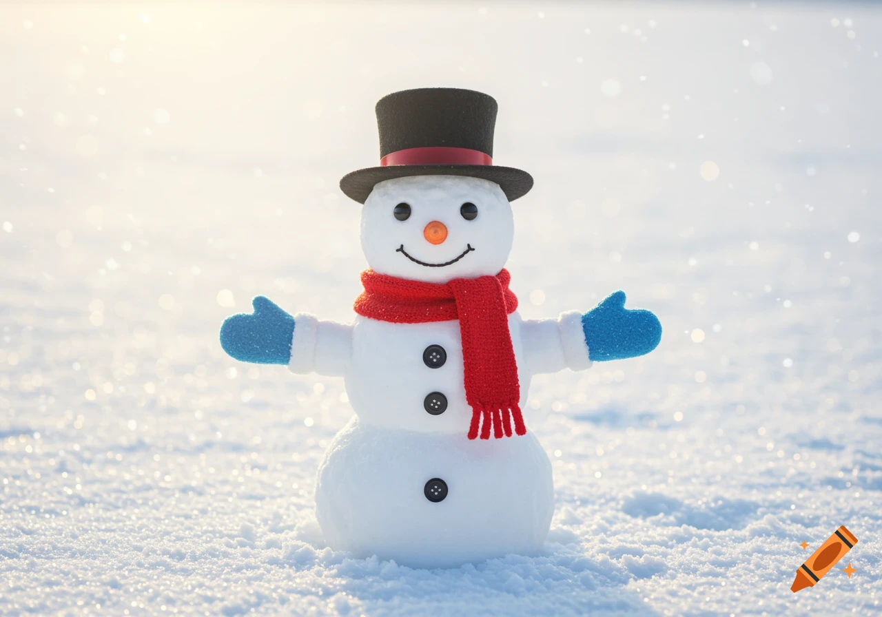 A cute snowman stands in a snowy field wearing a red scarf, blue mittens, and a black top hat. Photorealistic style.