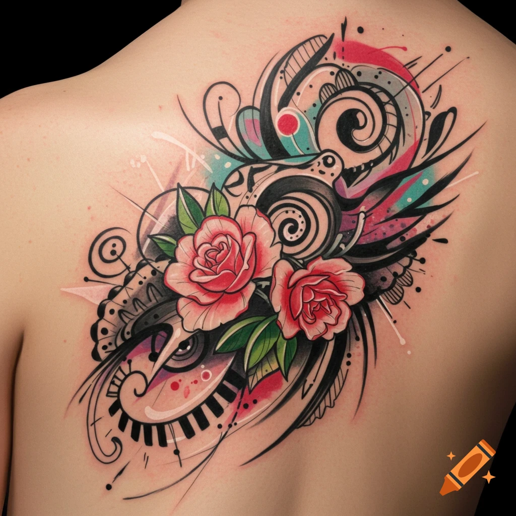 Colorful abstract tattoo on a person's back with roses, piano keys, and swirls.