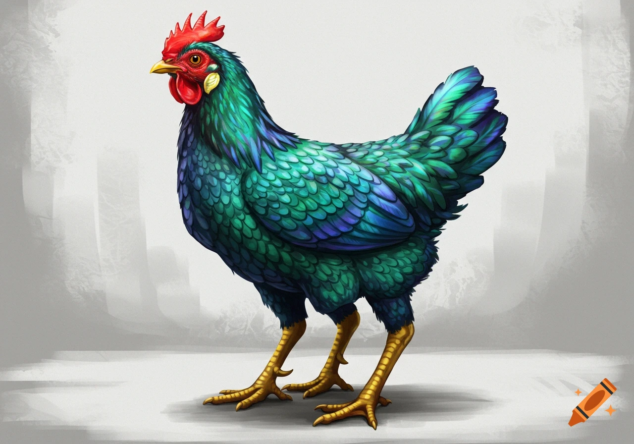 A four-legged chicken with iridescent teal and blue feathers stands on a light background in a stylized illustration.