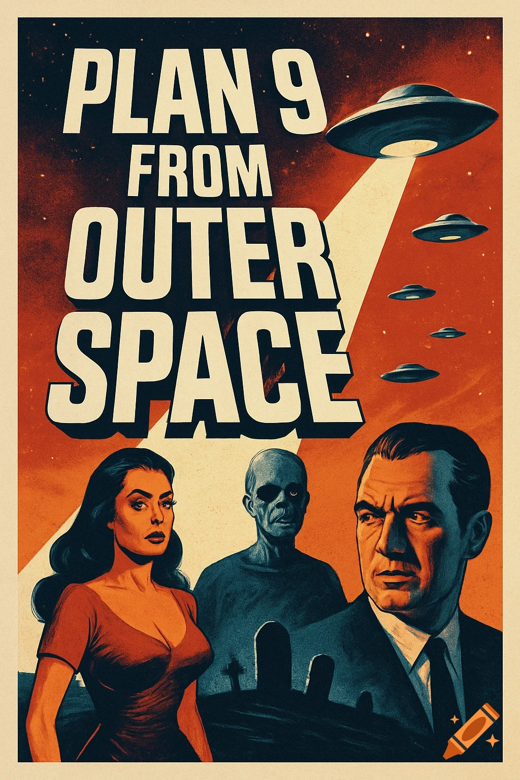 Retro style poster for Plan 9 From Outer Space featuring characters, flying saucers, and a graveyard.