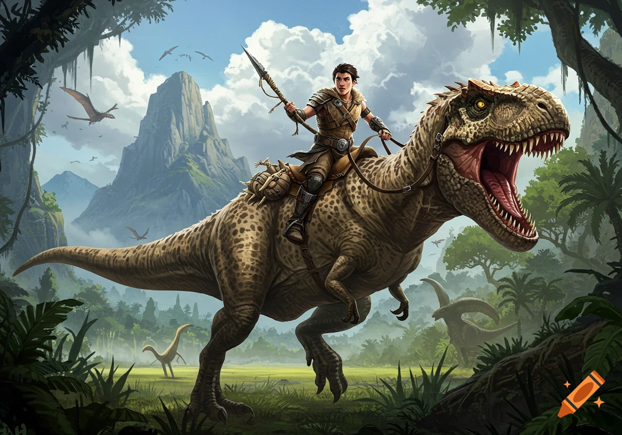 A person rides a T-Rex through a jungle landscape with mountains and other dinosaurs in the background. Illustration.